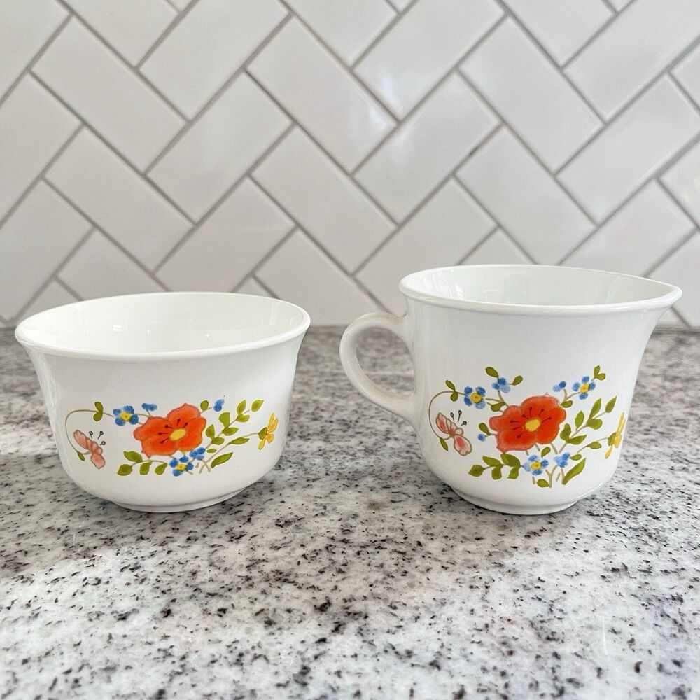 Vintage Corelle Wildflower Pattern Creamer & Sugar Bowl Set Orange Floral No Lid